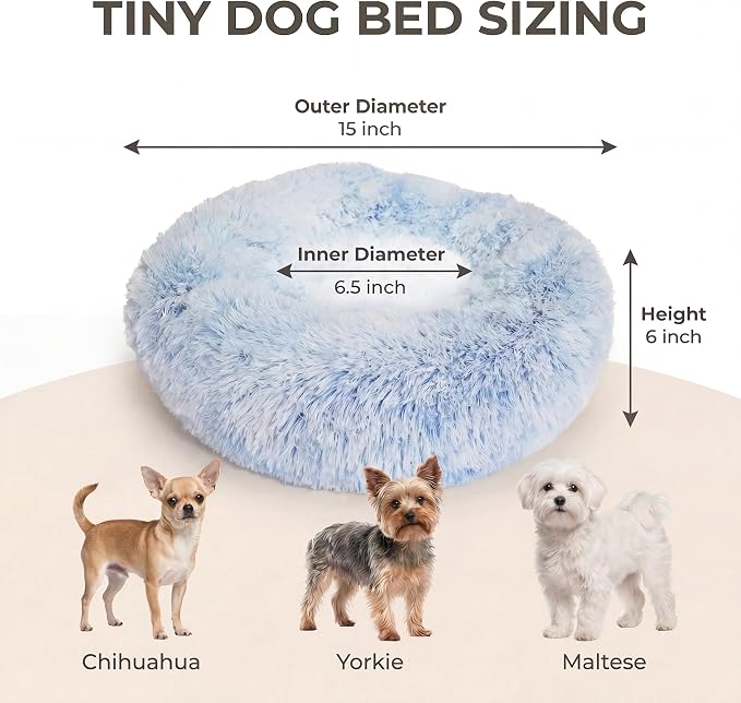 Tiny Dog Bed 15 Inch for Extra Small Dogs,Washable Puppy Bed,Soft Faux Fur Calming Donut Bed for Chihuahua Yorkie Maltese Pomeranian,Blue and White