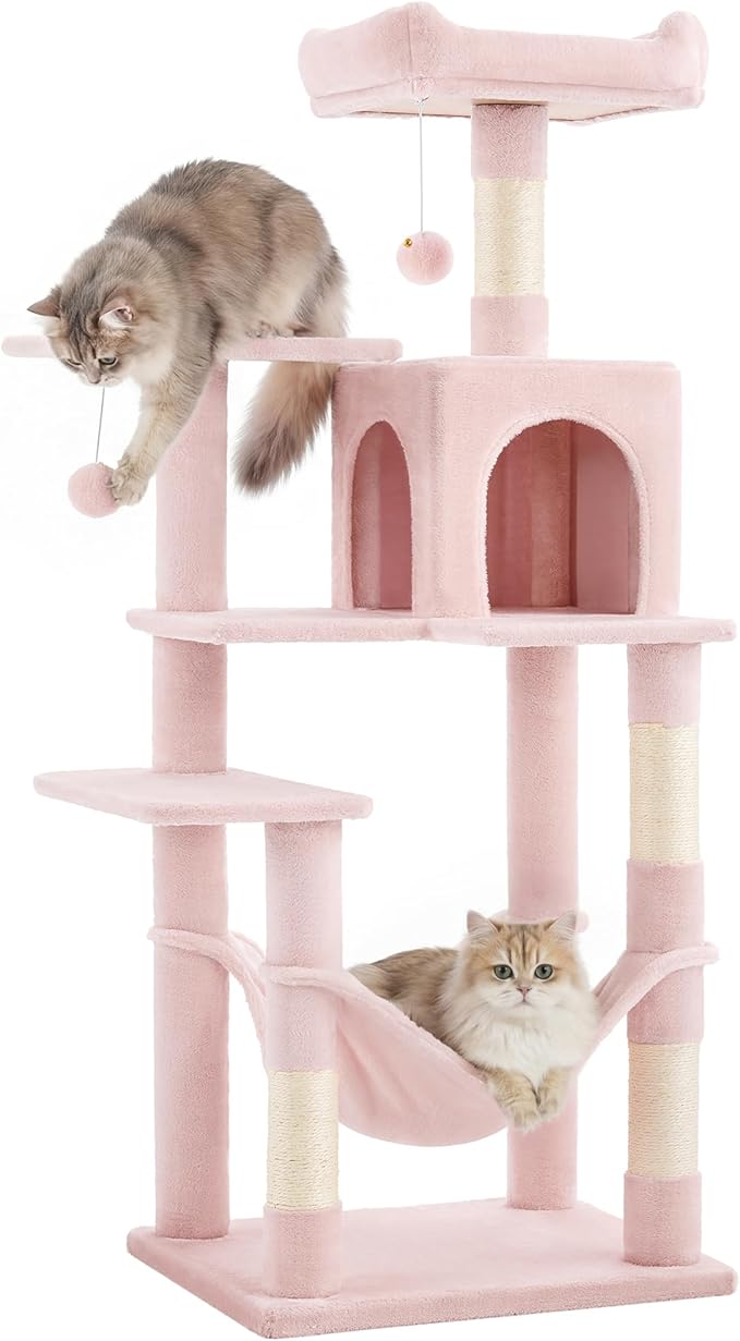 SONGMICS HOME Cat Tree for Indoor Cats, Multi-Level Cat Tower with Sisal Scratching Posts, Hammock and Condo, Pink