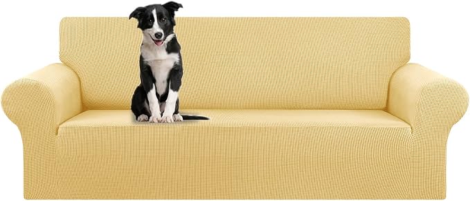 KEKUOU Stretch Oversized Sofa Slipcover 1 Piece Couch Sofa Cover (94"-110") Furniture Protector 4 Seater Sofa with Elastic Bottom for Kids,Pet.Jacquard Checked Pattern Fabric(X Large,Champagne)