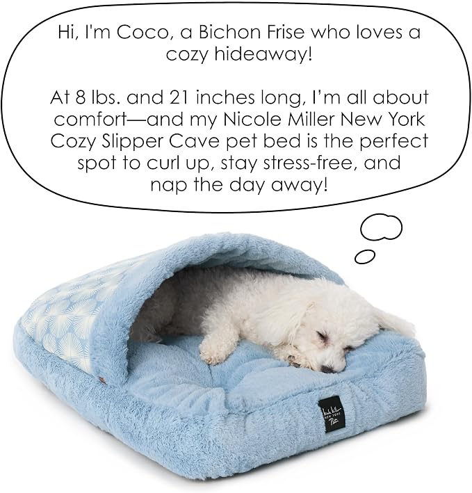 Nicole Miller New York PET Kendall Fluted Geo Cozy Slipper Cave Pet Bed, Cozy & Calming, Non-Slip Bottom, Machine Washable, Blue, Small 22"x17"x11"
