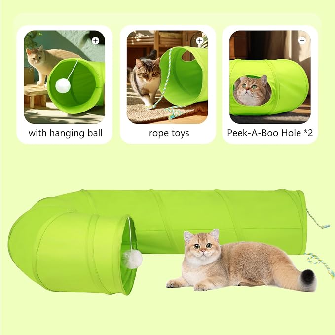 Cat Tunnel, 2-Way Collapsible Cat Tube with Interactive Peek-A-Boo Hole, Toy Ball, and Rope – Ideal for Indoor Cats, Kittens, and Rabbits (Green)