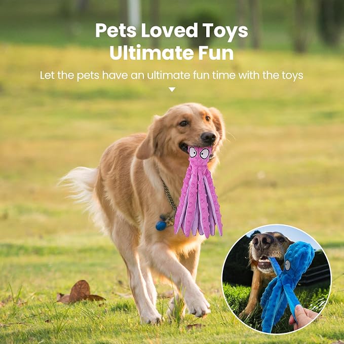 HGB Squeaky Dog Toys - 2 Pack No Stuffing Octopus Crinkle Plush Chew Toys for Puppies Small Medium Large Dogs, Interactive Tug Toys to Keep Dogs Busy