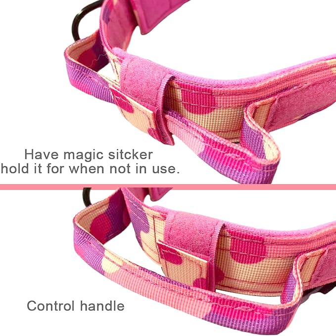 Tactical Dog Collar Adjustable Military Nylon Dog Collar with Control Handle and Heavy Duty Metal Buckle for Medium and Large Dogs (Pink Camo,XXL)