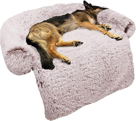 GGIB Calming Dog Bed Fluffy Plush Dog Mat for Furniture Protector with Removable Washable Cover for Large Medium Small Dogs and Cats (Large, Rust White)