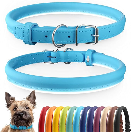 CollarDirect Reflective Rolled Leather Dog Collar, Soft Padded Round Puppy Collar, Handmade Genuine Leather Collar Dog Small Large Cat Collars 13 Colors (8-11 Inch, Light Blue Reflective)