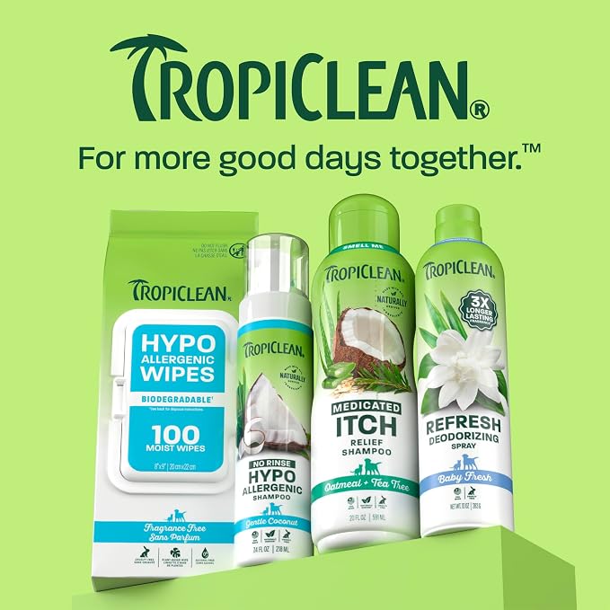 TropiClean Oatmeal Dog Shampoo for Itchy Skin Relief, Soothing Medicated Itch Relief, with Vitamin E, Puppy Safe, Made in USA, Cat Friendly, 20 oz.