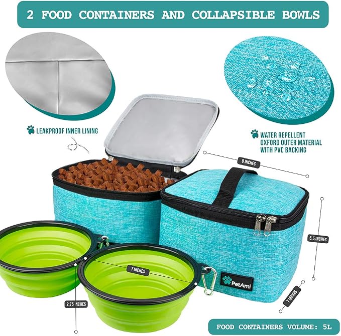 PetAmi Dog Travel Bag Organizer, Pet Travel Kit with 2 Food Containers & 2 Collapsible Dog Bowls, Pet Supplies Tote with Luggage Sleeve, Weekend Road Trip Camping Essentials, Teal Blue, Large