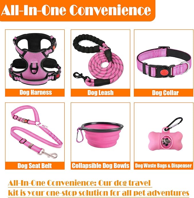LOBEVE No Pull Dog Harness, Collar & Leash Set | Includes Dog Seat Belt, Collapsible Bowls & Poop Bag Dispenser. Ideal for Training, Walking, Hiking. Fits Small to Large Dogs(Pink-M)