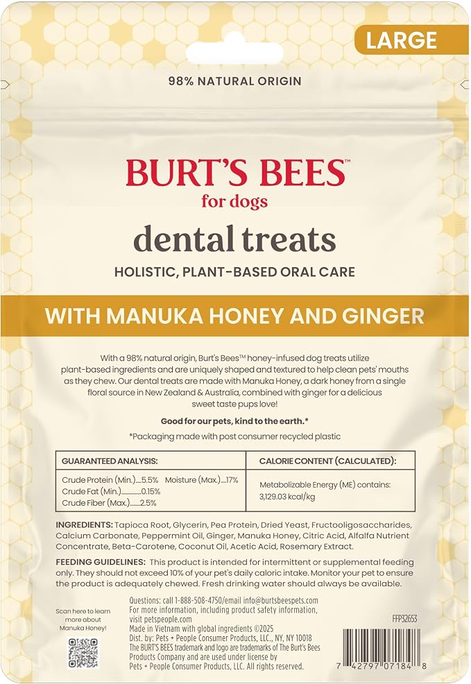 BURT'S BEES FOR PETS Dental Treats for Dogs with Manuka Honey & Ginger, 98% Natural Origin, Holistic Oral Care, Freshens Breath, Peppermint Flavor, Medium/Large Size, 5 ct, 7.7 Oz