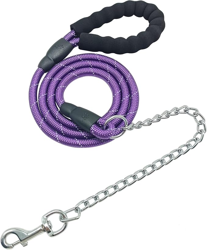 BTINESFUL 6FT Chewproof Dog Leash, Strong Nylon Rope with Anti-Chewing Chain and Padded Handle for Medium Large Dogs Outdoor Training Walking Hiking (Purple)