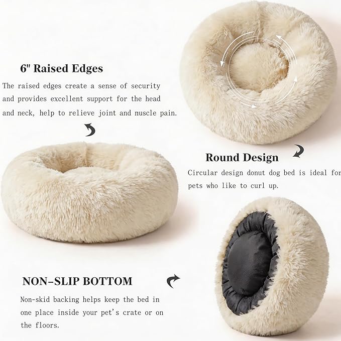Calming Donut Dogs Beds for Small Dogs Washable,19inch Fluffy Round Puppy Bed for Puppies,Cats & Toy Breeds with Raised Rim,Fits up to 15 lbs Pets,Beige