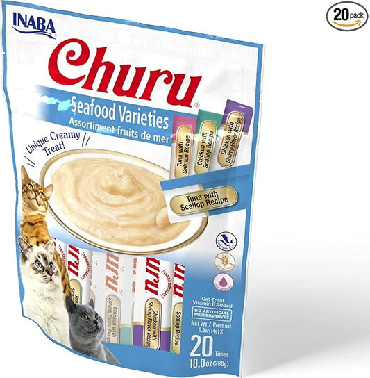 INABA Churu Cat Treats, Grain-Free, Lickable, Squeezable Creamy Purée Cat Treat/Topper with Vitamin E & Taurine, 0.5 Ounces Each Tube, 20 Tubes, Seafood Variety