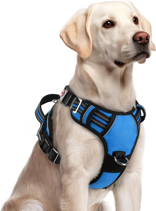 rabbitgoo Dog Harness for Large Dogs, 3 Buckles Easy On & Off No Pull Pet Vest, Soft Padded Walking Pet Harness with Control Handle, Adjustable and Reflective, Blue, L