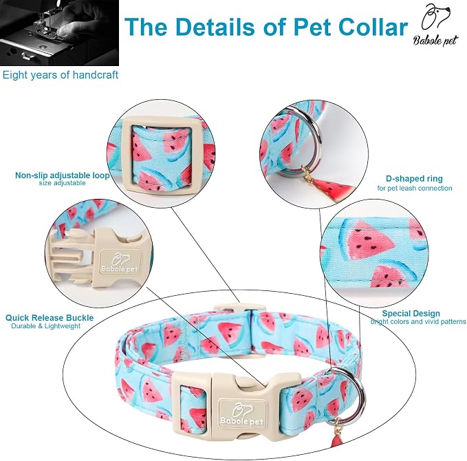 Adjustable Summer Dog Collar, Cute Watermelon Dog Collars for Puppy Small Dogs, Lightweight Quick-Release Buckle Collar for Boy&Girl Dogs XS