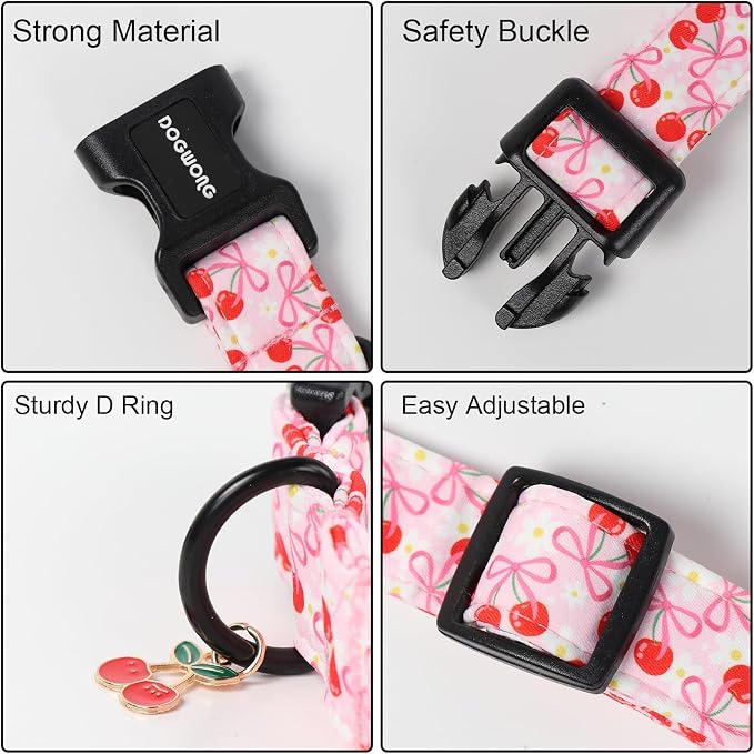 DOGWONG Pink Dog Collar- Cute Cherry Flower Dog Collars Adjustable Girl Female Dog Collar for Small Medium Dogs, M