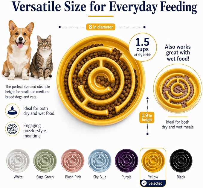 Slow Feeder Dog Bowls, Silicone Dog Bowl with Anti-Slip, Slow Feeder & Non-Slip Design, Boredom and Anxiety Reducer, Suitable for All Breed Dogs and Cat (Ceramic-Yellow)