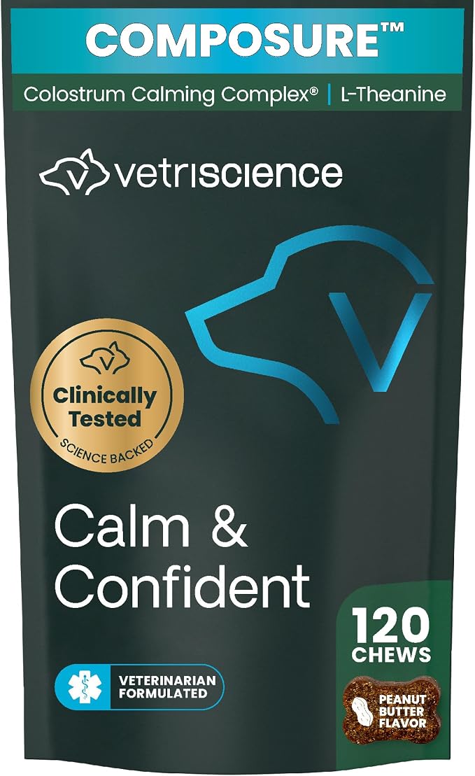 VetriScience Clinically Tested Composure Calm & Confident Chews for Dogs – Helps Manage Occasional Stress & Supports Balanced Behavior, Non-Drowsy Soft Chews with L-Theanine, Peanut Butter, 120 Count