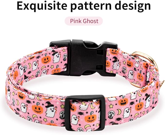 Personalized Dog Collars,Adjustable Puppy Collars with Safety Buckle for Small Medium Large Dogs,Cute and Unique Pink Cherry Pattern Pet Collar for Boy Girl Dogs. (Pink Ghost, S)