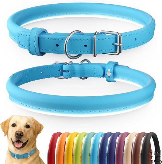 CollarDirect Reflective Rolled Leather Dog Collar, Soft Padded Round Puppy Collar, Handmade Genuine Leather Collar Dog Small Large Cat Collars 13 Colors (15-19 Inch, Light Blue Reflective)