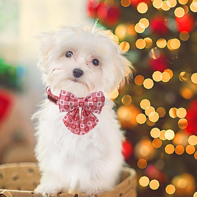 Unique Style Paws Christmas Day Dog Collar with Bowtie Red Christmas Papercut Cotton Puppy Collars for Small Medium Large Dogs