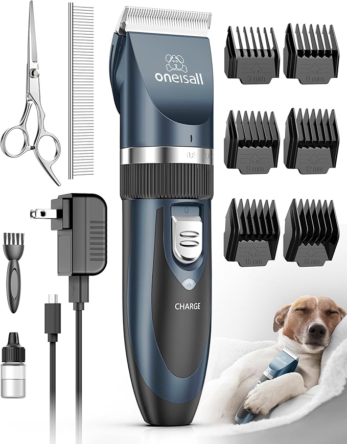 oneisall Dog Clipper Low Noise, Dog Grooming Kit with Rechargeable, Dog Shaver Cordless Electric Quiet Hair Clipper Set for Dog Cats Pets（Navy）