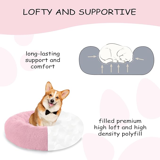 Bunlitent 39'' inch Calming Dog Bed, Anti-Anxiety Donut Bed for Medium Large Dogs, Warming Cozy Soft Cute Round Washable, Marshmallow Cuddler Nest Puppy Dogs and Cats Bed,Pink