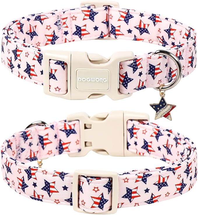 4th of July Independence Day Dog Collars for Large Dogs, Adjustable Breathable Pink Blue American Flag Star Dog Collar for Small Dogs, L