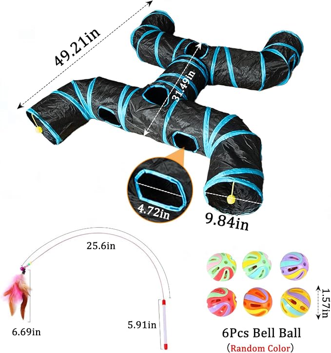 4-Way Large Cat Tunnel, H Shape Cat Tube Toy with Interactive Playing Balls, Peek Hole for Indoor Cats, Kitten, Kitty, Puppy, Rabbit (Black)