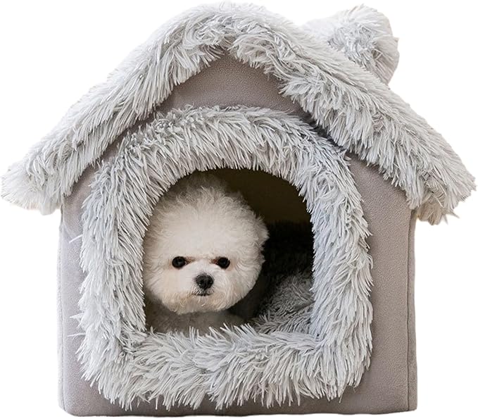 Enclosed Dog Bed, Soft and Warm Plush Dog Bed with Cover Cave Removable and Washable House Type Tent Huts for Indoor Pets S 13x11.8x12.6, Indoor House
