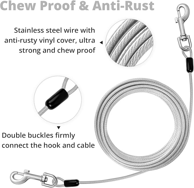 jenico Dog Tie Out Cable: 25ft Dog Leads for Yard Heavy Duty - Reflective Chain Leash for Outside Small Large Dogs Up to 125lbs Outdoor Runner Camping
