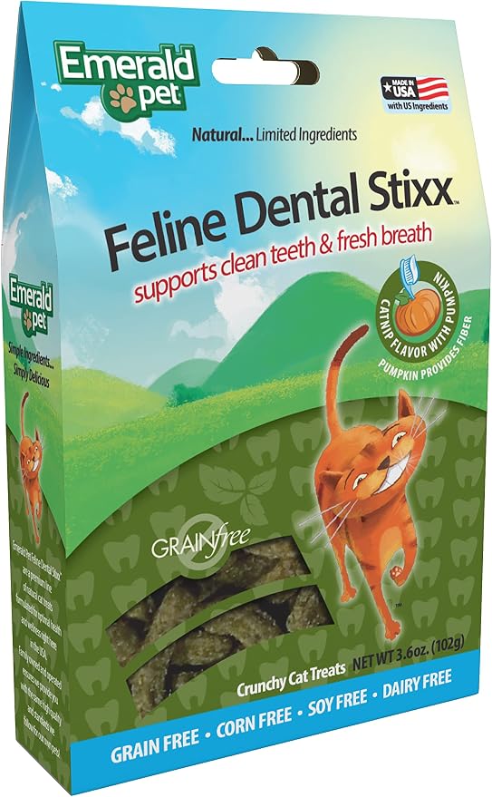 Emerald Pet Grain-Free Catnip Cat Dental Treats – Crunchy Dental Sticks for Cats to Clean Teeth, Reduce Plaque & Tartar, Freshen Breath – Pumpkin for Digestive Health, Natural Cat Chews, 3.6 oz