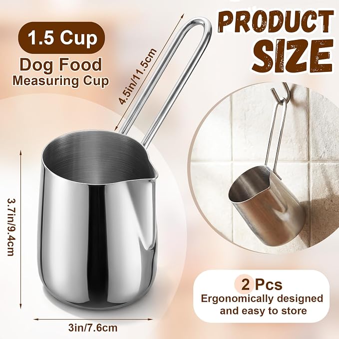Zonon 2 Pieces 1.5 Cup Dog Food Metal Scoop 12 oz / 1.5 Cup Stainless Steel Measuring Cups with Wire Design Handle Durable Dog Cat Food Metal Scoop for Kibble or Seed Easy-clean, Rust-resistant