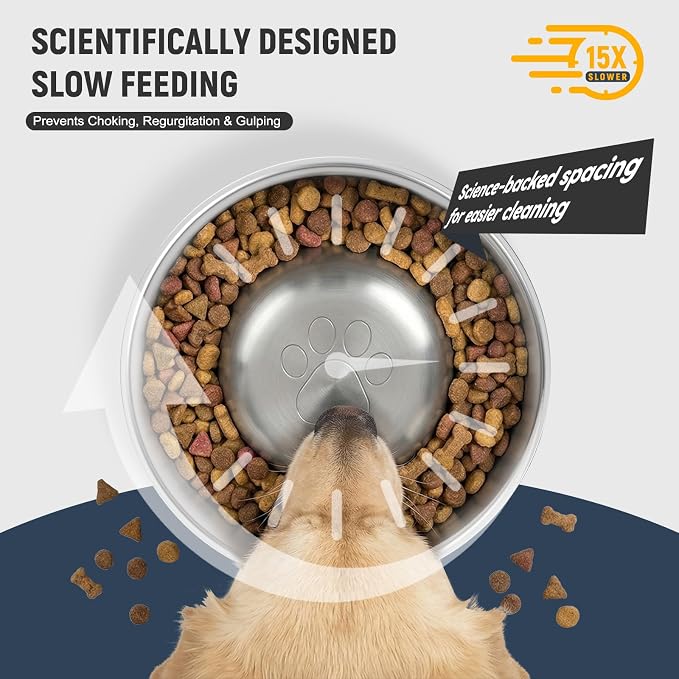 Dog Slow Feeder Bowl Slow Eating Dog Bowl Slow Feeder Dog Bowls 304 Stainless Steel Double Wall Durable Non-Slip Rubber Base - Black