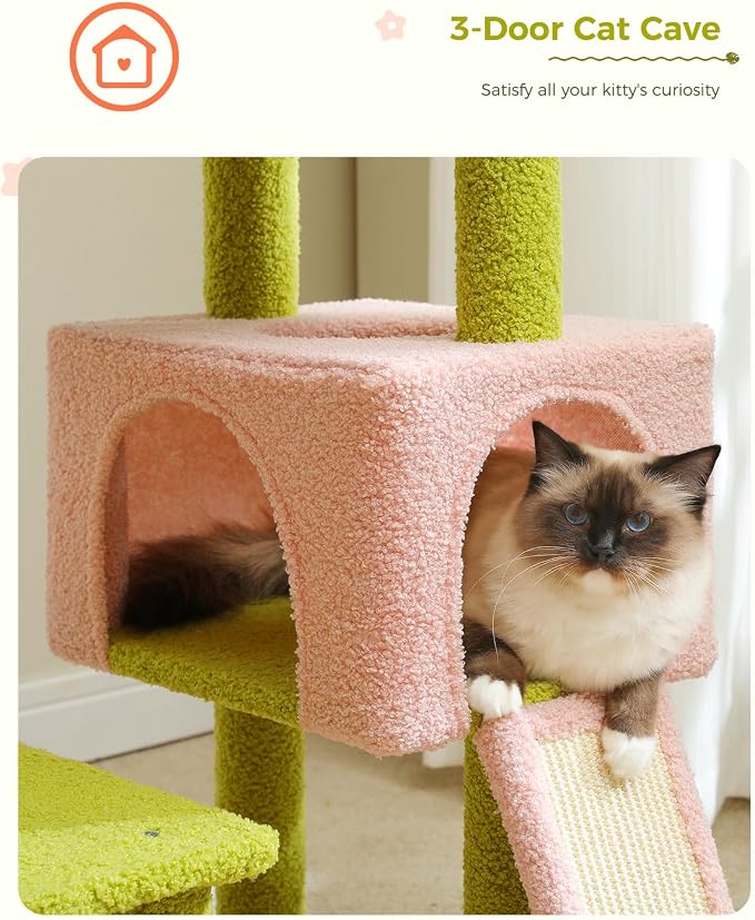MUTTROS Flower Cat Tree 47.2" Multi-Level Cat Tower with Sisal Covered Scratching Posts, Cute Cat Condo for Indoor Small Medium Cats, Pink Top Perch, Fluffy Ball, Pink