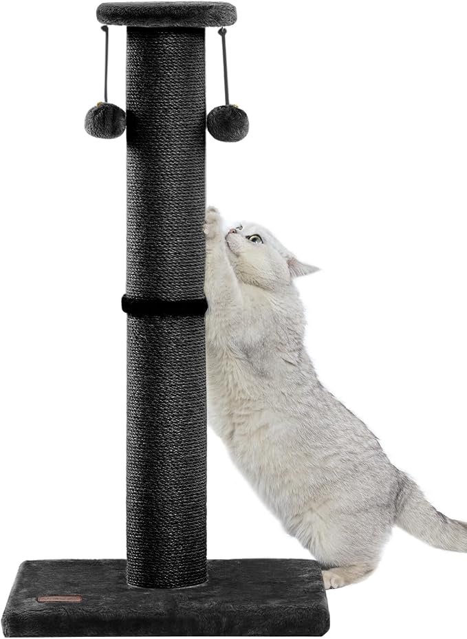 34Inch Tall Cat Scratching Post,4.3Inch Diameter Large Sisal Cat Scratch Post with Ball, Sturdy and Durable Cat Scratcher for Indoor Cats Adults Black