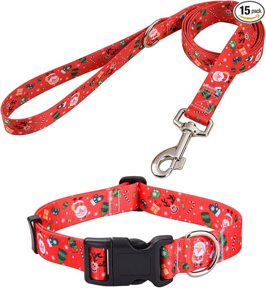Mihqy Christmas Dog Collar and Leash Set - Premium Adjustable Dog Collar for Small Medium Large Dogs (Christmas Set,L)