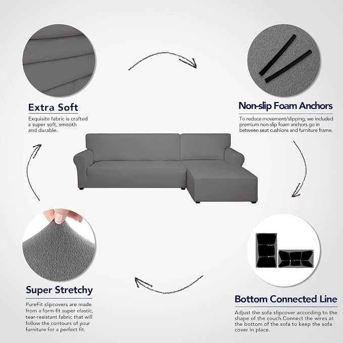 PureFit Super Stretch Sectional Couch Covers - 2 pcs Spandex Non Slip Sofa Covers with Elastic Bottom for L Shape Sectional Sofa Couch, Great for Kids & Pets (3 Seat Sofa + 2 Seat Chaise, Light Gray)