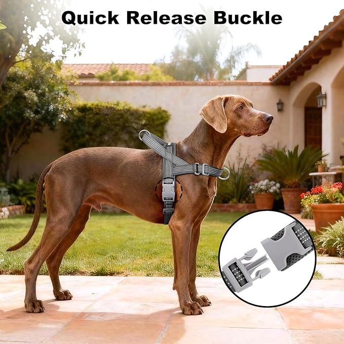 No Pull Dog Harness with Handle, Adjustable Soft Mesh Padded Reflective Walking Harness with Front Clip for Small Medium Large Dogs – Quick Fit No Escape for Training and Hiking (Gray, L)