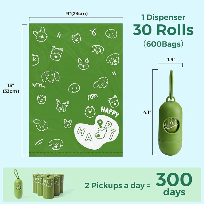 Dyforce Dog Poop Bags Rolls with Dispenser, 600 Count Value Pack Extra Thick Strong Leak Proof Poop Bags for Dogs Doggy with Holder, Scented Pet Waste Cat Litter Bags 9x13" Bulk, Green