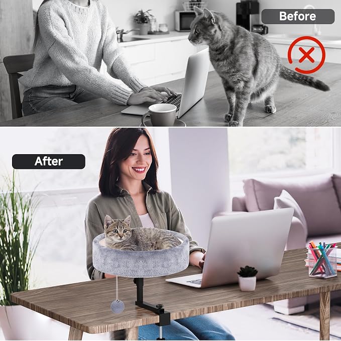 Chumajor Cat Desk Bed - 360° Rotating & Adjustable, Supports 50 lbs, Soft Faux Fur with Dual-Sided Reversible Mat, Modern Indoor Cat Nest Furniture for Office Desks and Game Tables, Island Table