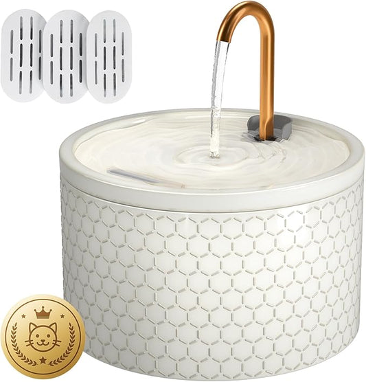 DOOOB Ceramic Cat Water Fountain, 2.1L/71oz Cat Fountain, Automatic Ceramic Water Fountain for Cats, Pet Water Fountain with Ultra-Quiet Pump and 3 Filters & 3 Sponges (Honeycomb Embossed)
