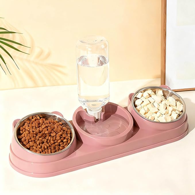 3 in 1 Cat Bowls Pet Feeder with Water Dispenser, 15° Raised Cat Dish Food and Water Bowls Set for Wet/Dry Food, Triple Pet Feeding Station for Rabbit Kitten Bunny (Pink)