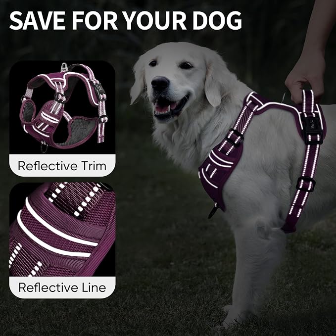 HEELE Dog Harness for Medium Dogs No Pull Dog Vest Harness with Soft Padded Handle Reflective for Outdoor Training, Purple(Matching Trim), M