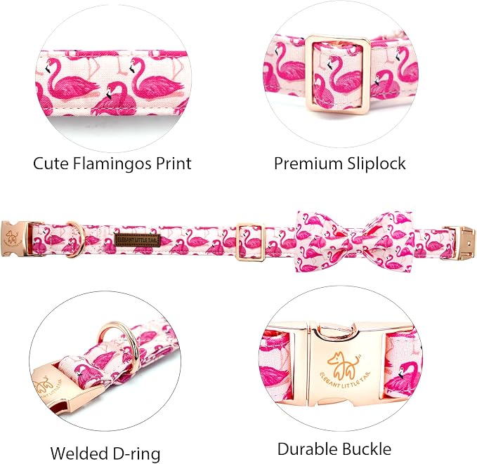 Elegant little tail Dog Collar, Pink Flamingos Dog Collar with Bow Girl Cotton Bowtie Spring Pet Collars Gift Adjustable Pet Collars for Large Dogs