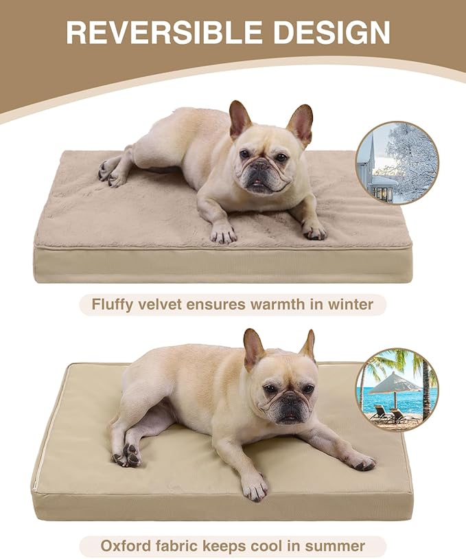 KSIIA Orthopedic Dog Bed Crate Waterproof Pet Mats for Small Dogs Deluxe Plush Washable Pet Bed with Egg Crate Foam & Removable Cover, 23 x 17 Inch, Khaki