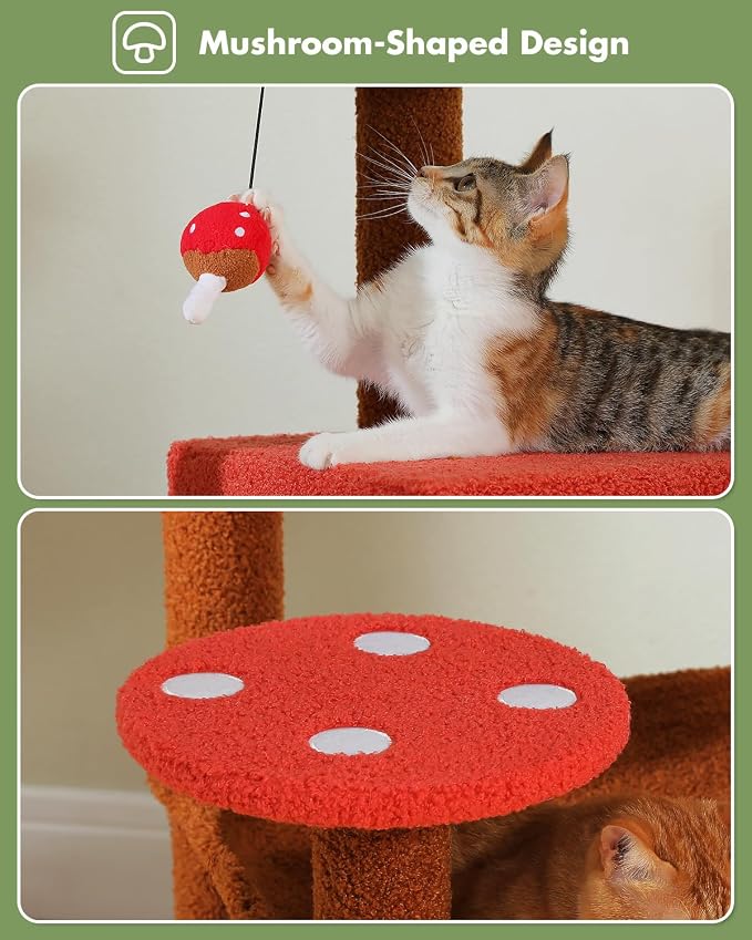 MUTTROS Mushroom Cat Tree Tower with Removable Scratcher, Large Hammock, Condo, Perch, 3 Sisal Posts – Multi-Level Cat Tree for Indoor Cats, Cute Cat Tower for Small Space Homes
