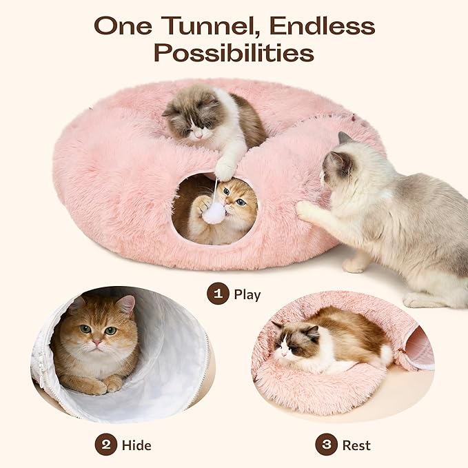 Meowfia Indoor Cat Tunnel with Donut Bed - Large Flexible Play Space for Multiple Pets - Circle or Snake Shape, Cozy Lounge (Pink)