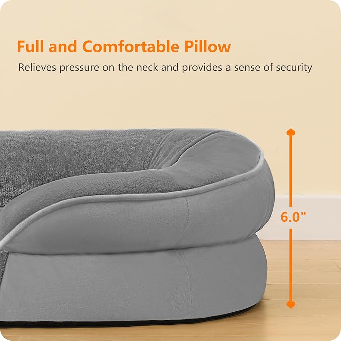 Dwanton Orthopedic Dog Bed for Medium Dogs with Gel Memory Foam, Waterproof Dog Sofa, Washable Pet Bed with Four Sided Bolster Cushion, Removable Cover & Non-Slip Bottom, 36", Medium Grey