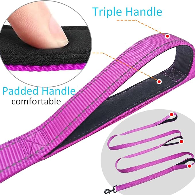 3 Handle Dog Leash, 10FT Triple Handle Dog Leash Heavy Duty with Reflective Stitching, Padded Traffic Handles for Training, Control & Safety- Purple
