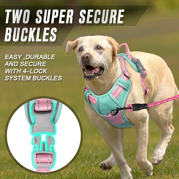 BARKBAY No Pull Dog Harness Front Clip Heavy Duty Reflective Easy Control Handle for Large Dog Walking(Cool Mint & Baby Pink,M)